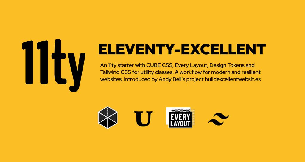 Visible content: Eleventy starter based on workflow for Cube CSS, Every Layout, Design Tokens and Tailwind for uitility, based on the concepts explained in buildexcellentwebsit.es